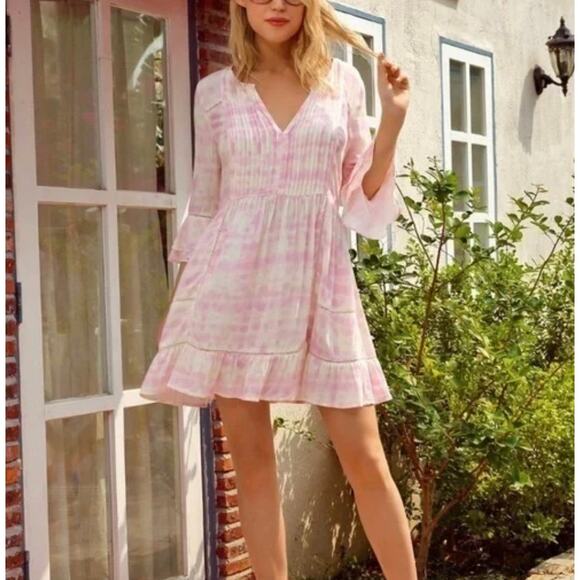 Julie‎ Brown NYC Cool Whip Rocky Pintuck V Neck Mini Dress Pink Coastal Relax L - Picture 1 of 16